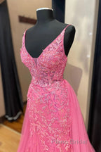 Pink Corset Formal Prom Dress Elegnat A Line Deep V Neck Party Evening Dress with Appliques