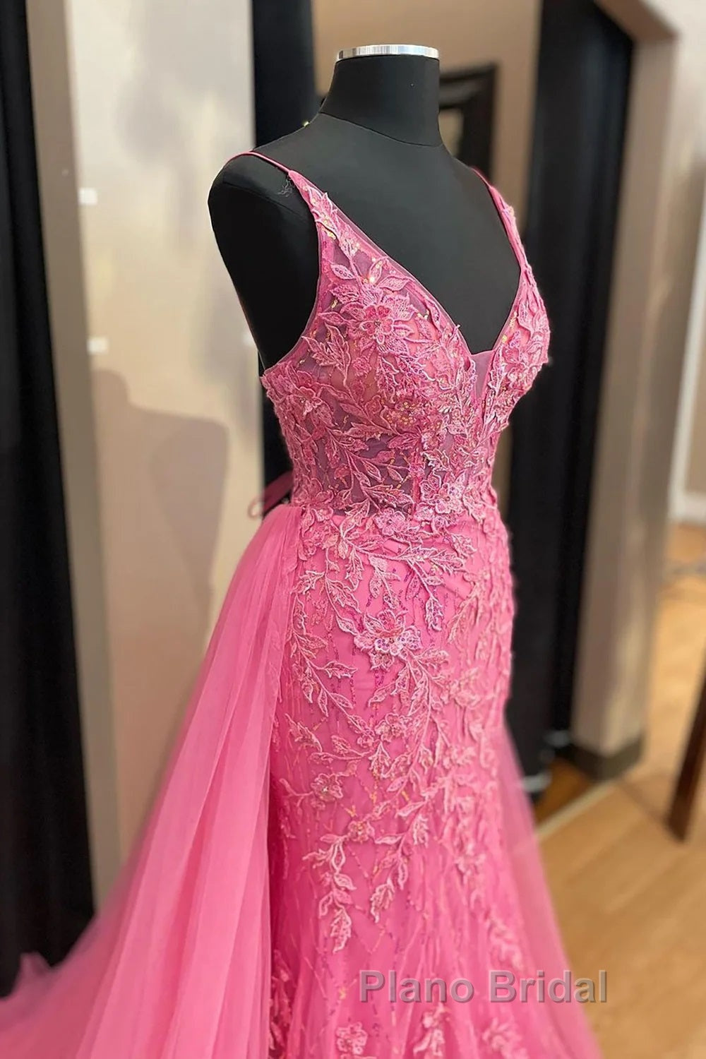 Pink Corset Formal Prom Dress Elegnat A Line Deep V Neck Party Evening Dress with Appliques
