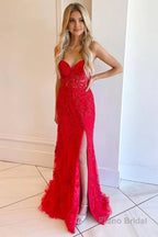 Pink Corset Sweetheart Long Lace Prom Dress with Slit