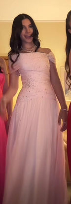 Pink Elegant A Line Off The Shoulder Beaded Chiffon Long Formal Evening Dresses Formal Prom Dresses