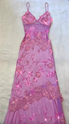 Pink Fashion Exquisite Beaded Spaghetti Strap A-Line Lace Floor Length Elegant Ball Gown Formal Evening Dresses