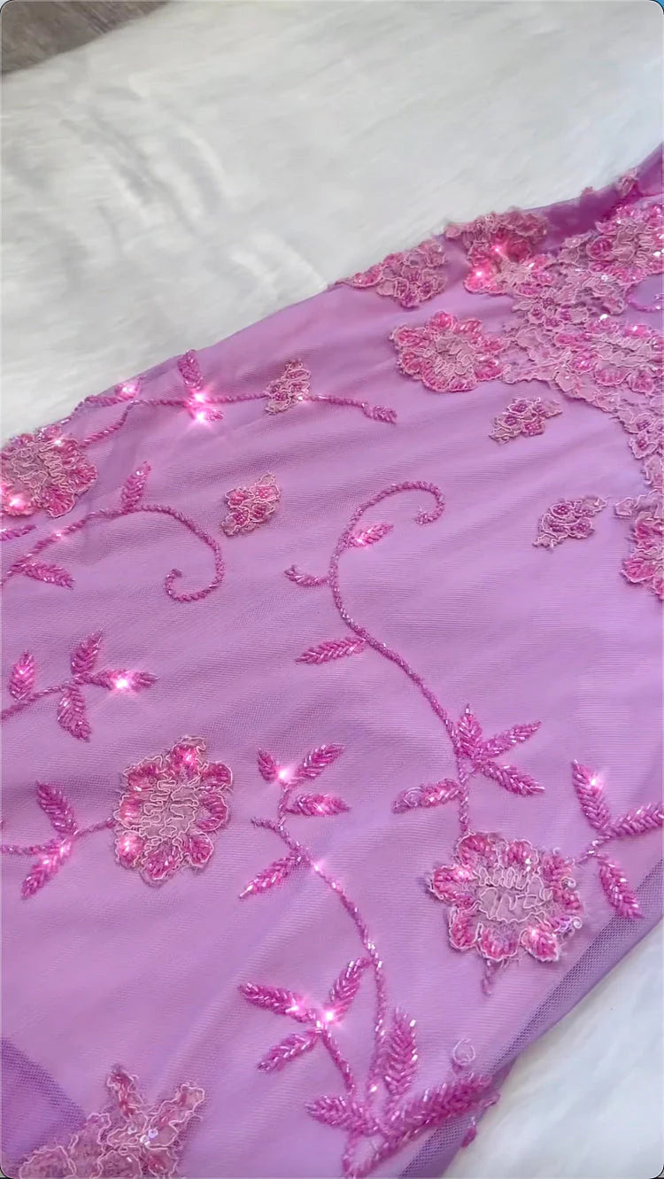 Pink Fashion Exquisite Beaded Spaghetti Strap A-Line Lace Floor Length Elegant Ball Gown Formal Evening Dresses