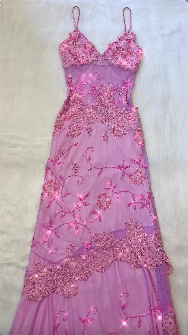 Pink Fashion Exquisite Beaded Spaghetti Strap A-Line Lace Floor Length Elegant Ball Gown Formal Evening Dresses