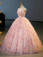 Pink Flower Long Princess Dress, Pink Strapless Formal Evening Dress
