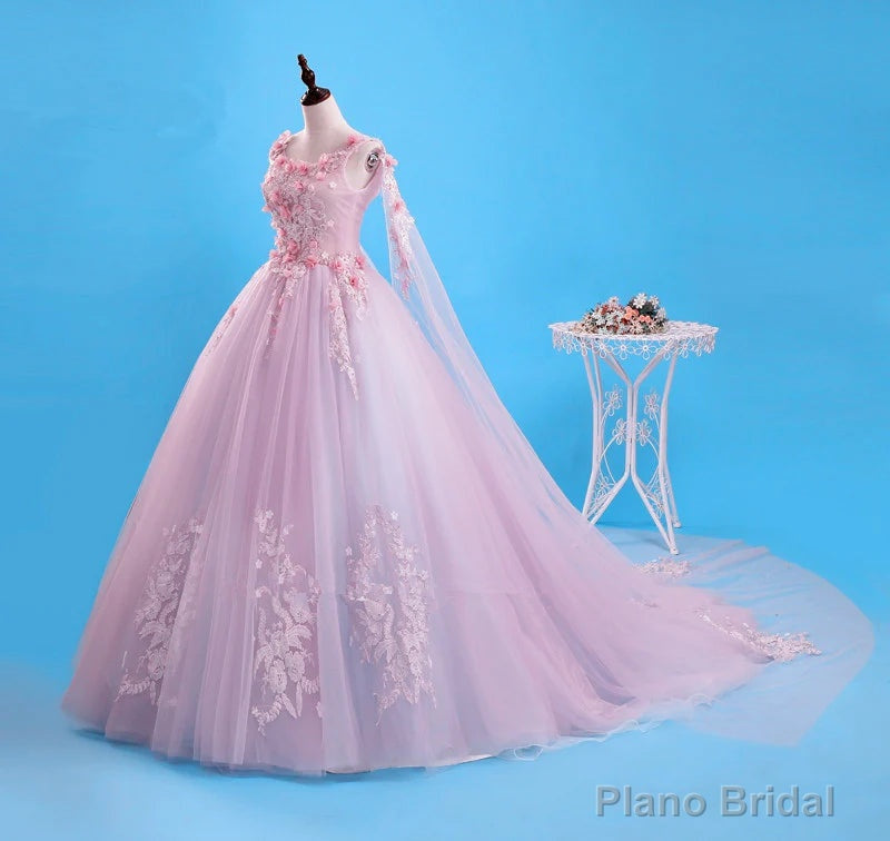 Pink Flowers Long Formal Dresses, Pink Sweet 16 Gown Party Dresses Main image
