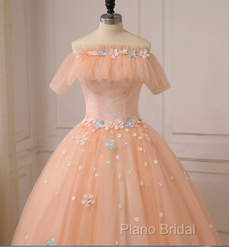 Pink Flowers Tulle Off Shoulder Party Dresses, Pink Tulle Sweet 16 Dresses Secondary image