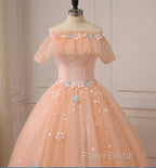 Pink Flowers Tulle Off Shoulder Party Dresses, Pink Tulle Sweet 16 Dresses