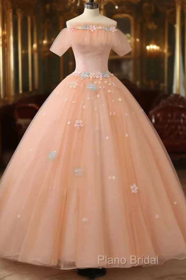 Pink Flowers Tulle Off Shoulder Party Dresses, Pink Tulle Sweet 16 Dresses Main image