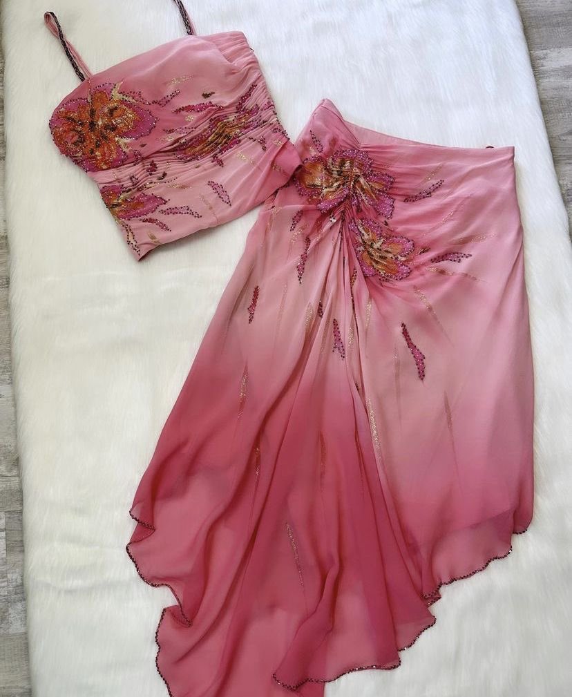 (Out Of Stock)Pink Gorgeous Exquisite Beaded Spaghetti Strap Long Chiffon Elegant Suit Ball Gown Formal Evening Dresses Party Dresses Formal Prom Dresses