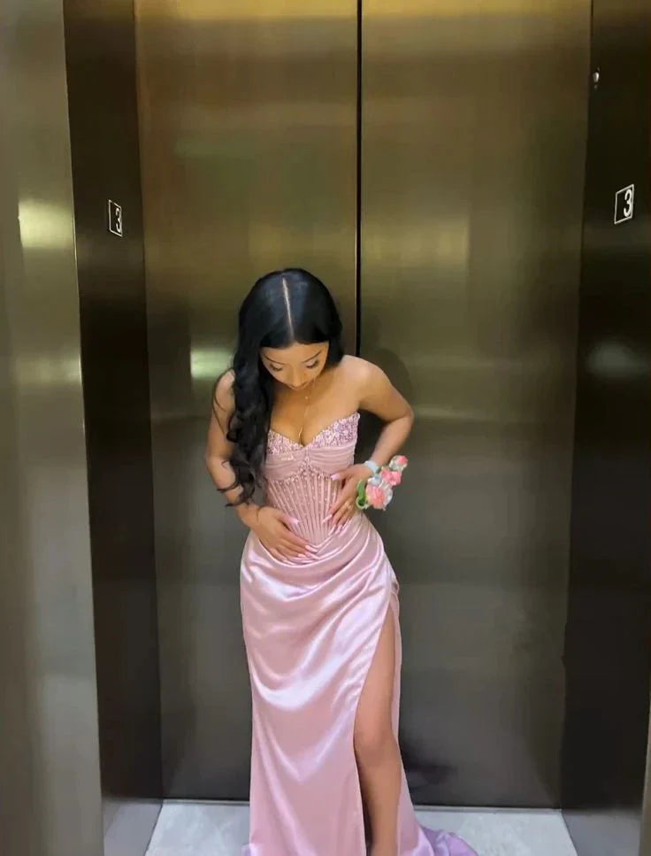 Pink/Green/Blue Gorgeous Shiny Exquisite Beaded Long Slit Elegant Sexy Formal Prom Dresses Formal Evening Dresses Party Dresses