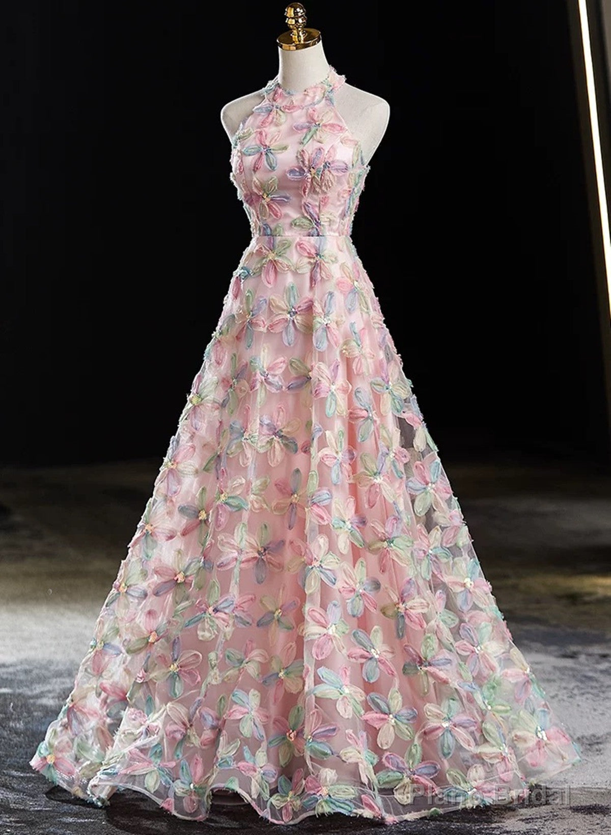 Pink Halter A-line Floral Lace Long Party Dress, Pink Low Back Prom Dress Secondary image