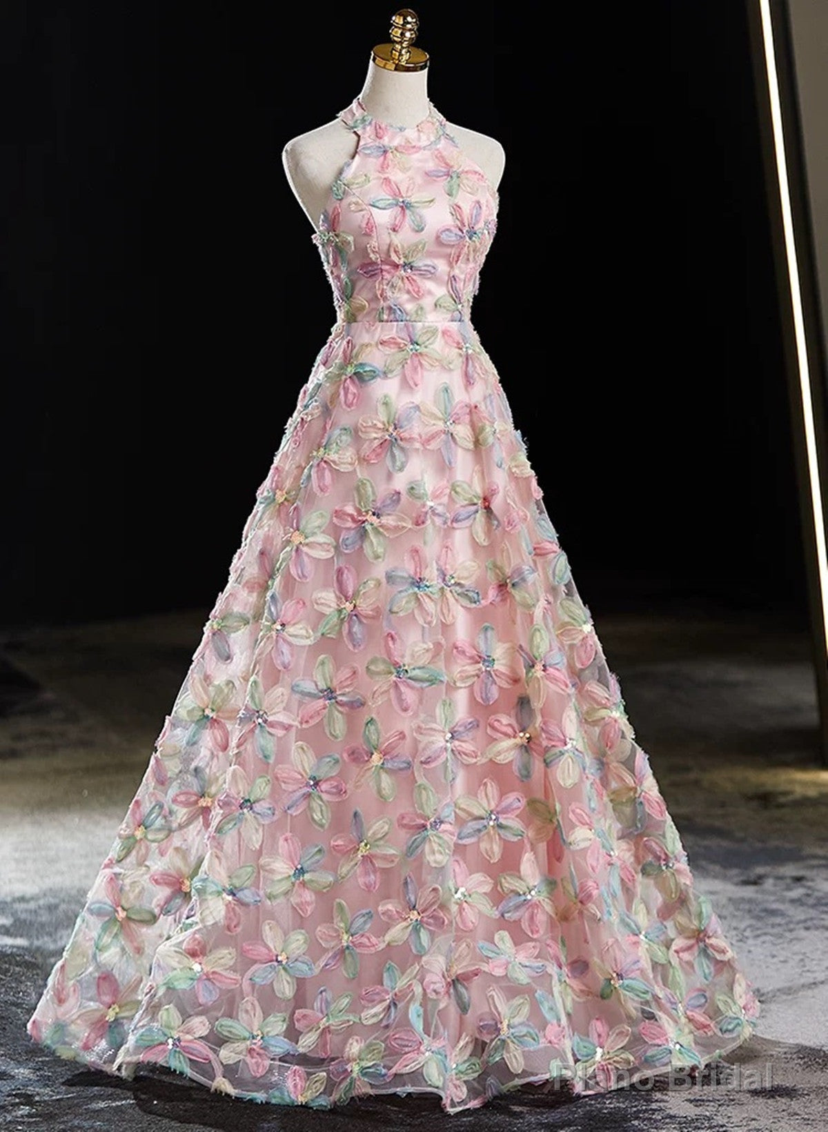 Pink Halter Lace A-line Floor Length Party Dress, Pink Lace Prom Dress Main image