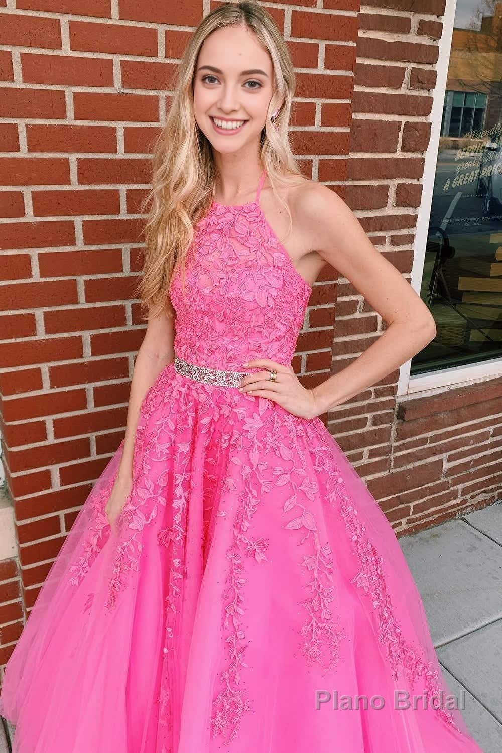 Pink Halter Long Prom Dress With Appliques Secondary image