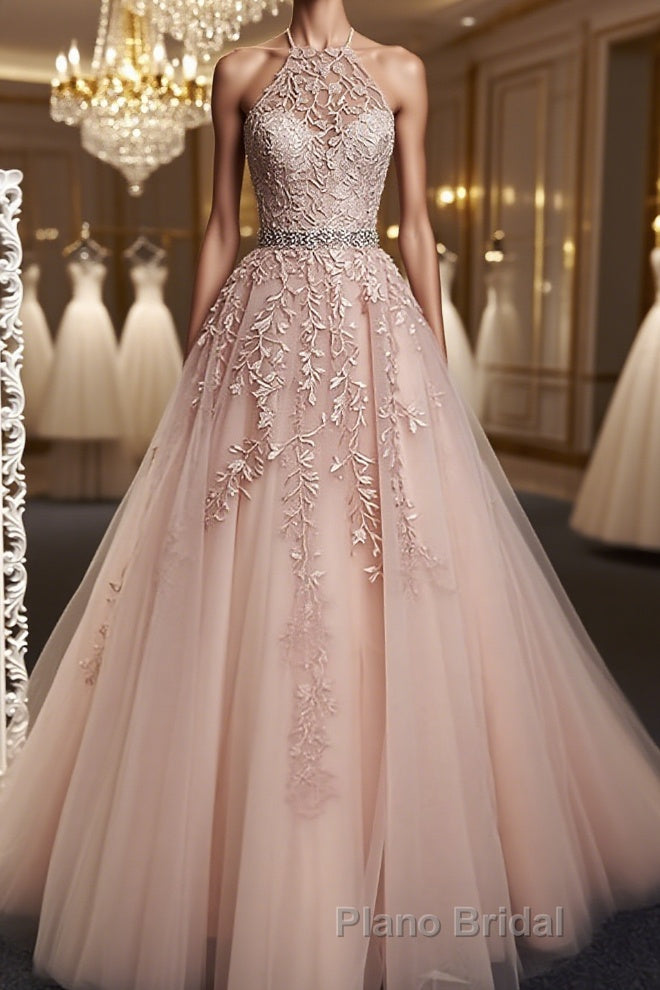 Pink Halter Neck Lace Formal Prom Dresses, Pink Halter Neck Long Lace Formal Evening Dresses