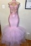 Pink Halter Sleeveless Flower Appliques Tulle Mermaid Prom Party Gowns