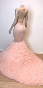 Pink Halter Sleeveless Mermaid Prom Dresses New Arrival Chic Open Back Lace Tulle Evening Gowns