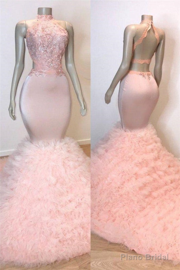 Pink Halter Sleeveless Mermaid Prom Dresses New Arrival Chic Open Back Lace Tulle Evening Gowns Main image