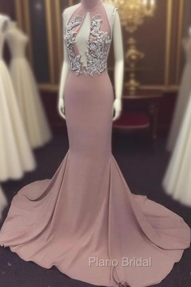 Pink High Neck Long Formal Prom Dresses For Teens, Evening Dresses