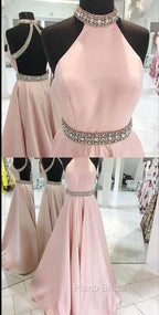 Pink High Neck Long Formal Prom Dresses, Pink Backless Evening Dresses