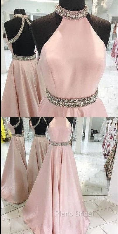Pink High Neck Long Formal Prom Dresses, Pink Backless Evening Dresses