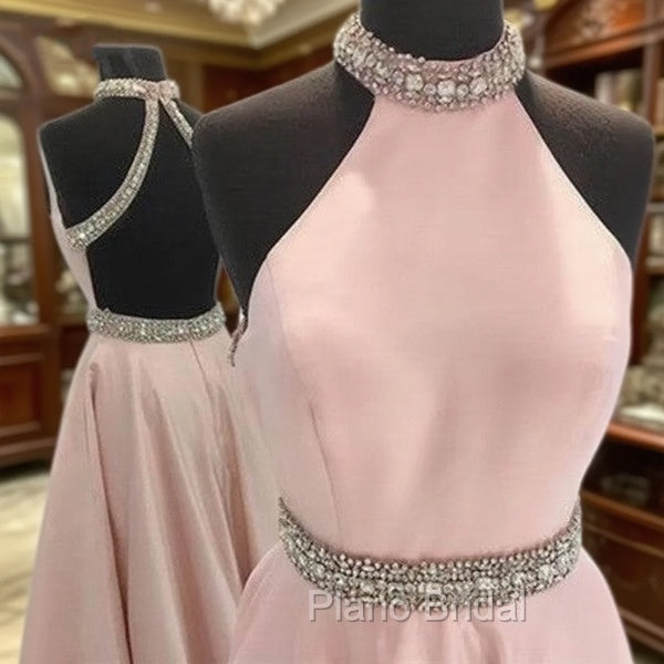 Pink High Neck Long Formal Prom Dresses, Pink Backless Evening Dresses