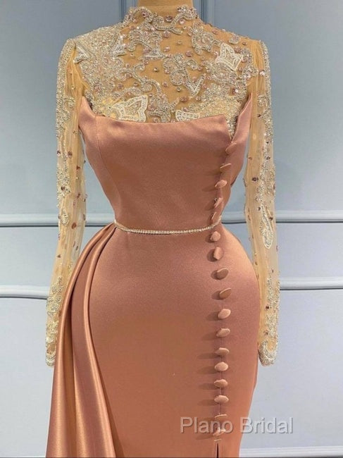 Pink High Neck Long Sleeves Sheer Beading Formal Prom Formal Dresses Secondary image