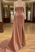 Pink High Neck Long Sleeves Sheer Beading Formal Prom Formal Dresses