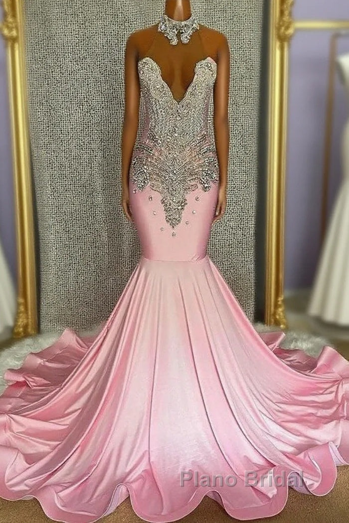 Pink High Neck Mermaid Beading Satin Formal Prom Dresses Main image