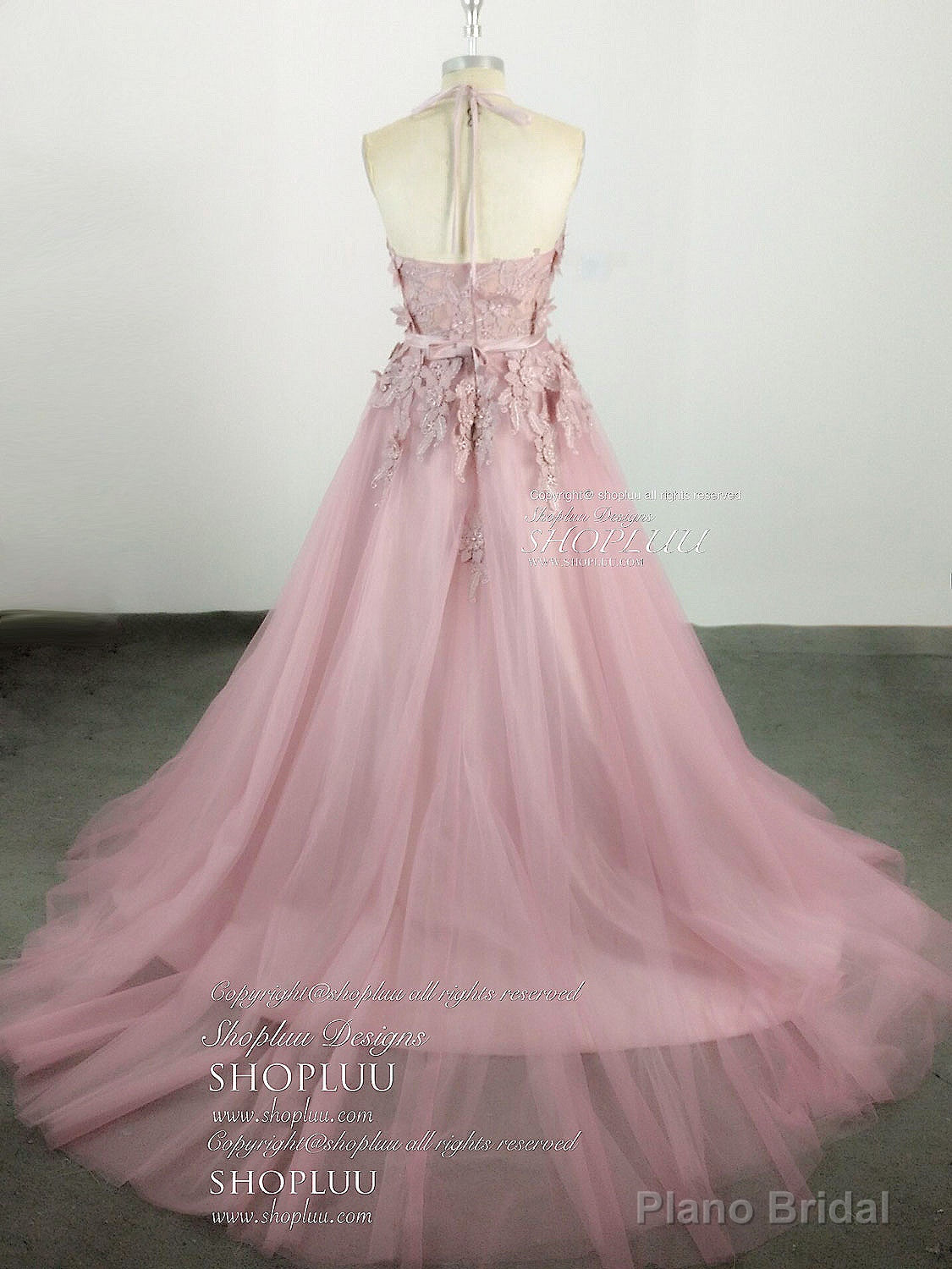 Pink High Neck Tulle Lace Applique Long Prom Dress, Pink Evening Dress
