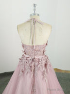 Pink High Neck Tulle Lace Applique Long Prom Dress, Pink Evening Dress