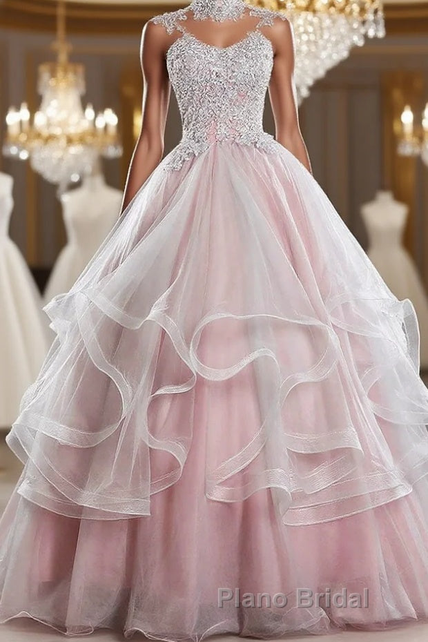 Pink high neck tulle lace long Formal Prom dress, pink sweet 16 dress Main image