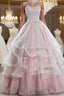 Pink high neck tulle lace long Formal Prom dress, pink sweet 16 dress
