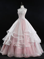 Pink high neck tulle lace long Formal Prom dress, pink sweet 16 dress