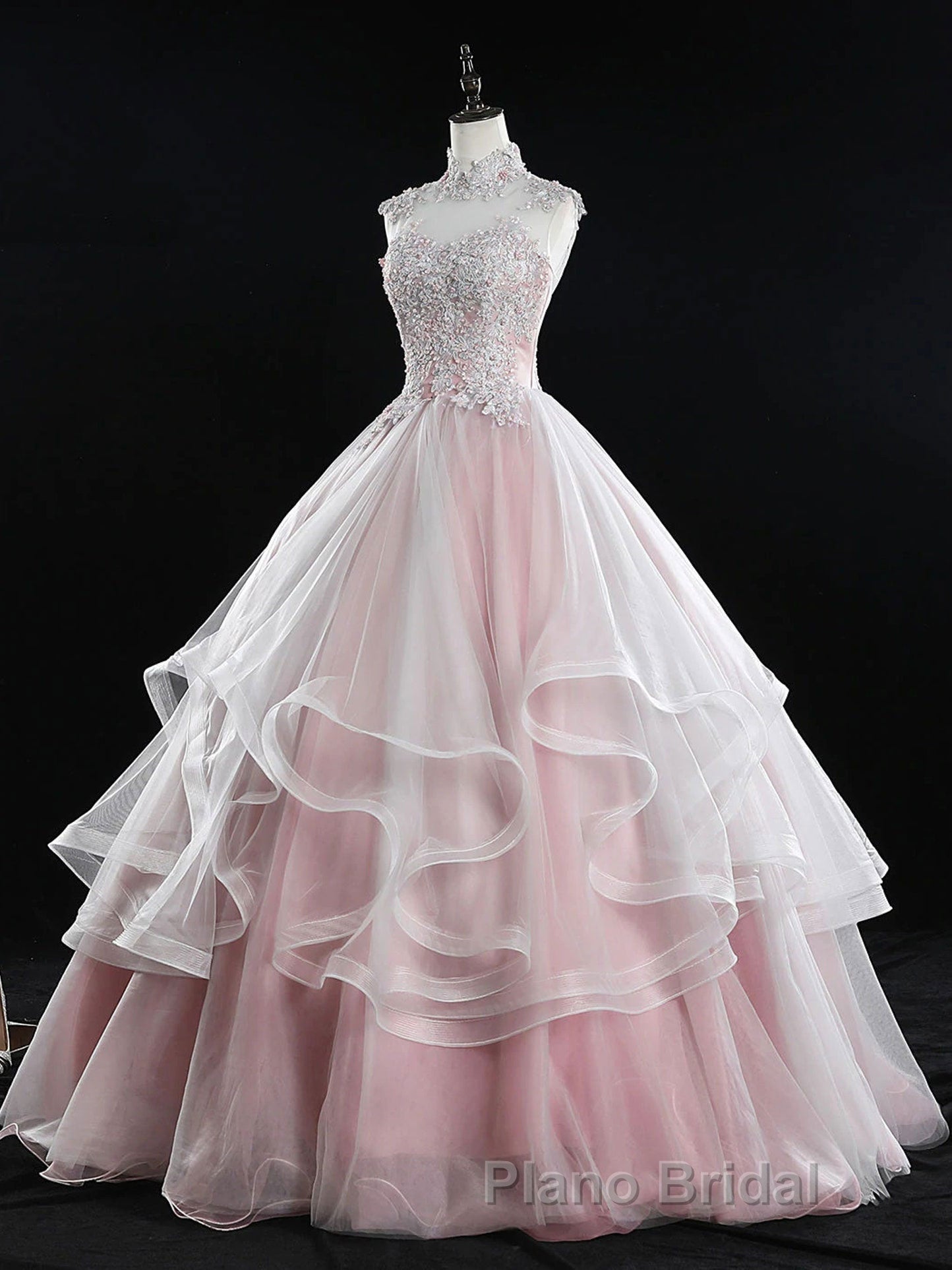 Pink high neck tulle lace long Formal Prom dress, pink sweet 16 dress