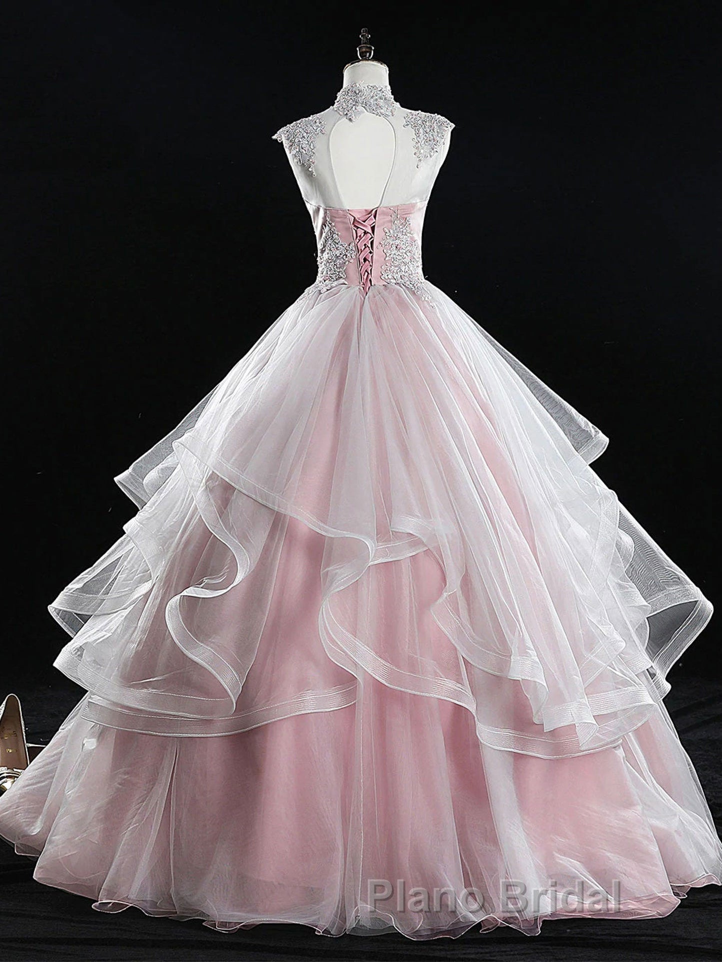 Pink high neck tulle lace long Formal Prom dress, pink sweet 16 dress