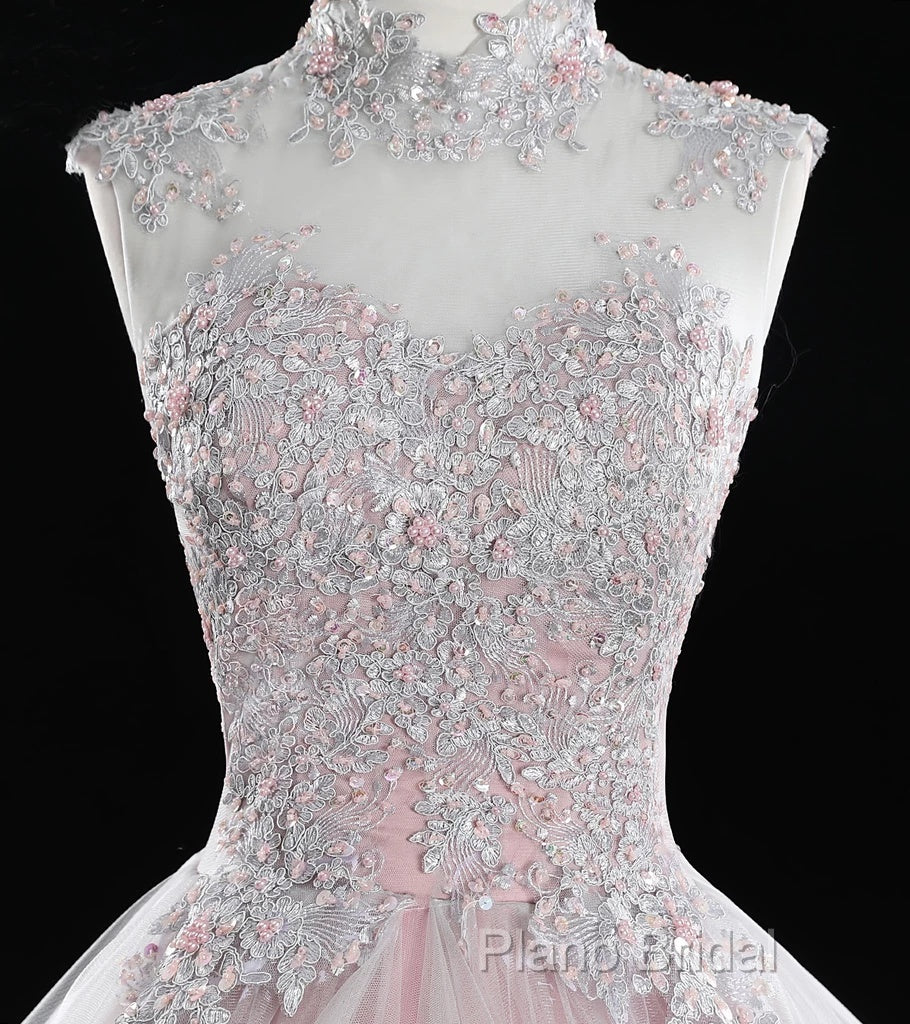 Pink High Neck Tulle Lace Long Formal Prom Dresses, Pink Sweet 16 Gown