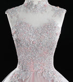 Pink High Neck Tulle Lace Long Formal Prom Dresses, Pink Sweet 16 Gown