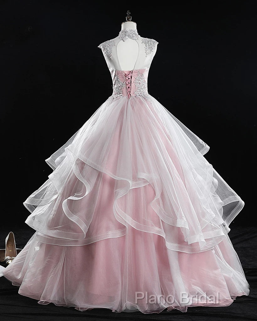 Pink High Neck Tulle Lace Long Formal Prom Dresses, Pink Sweet 16 Gown