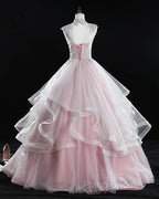 Pink High Neck Tulle Lace Long Formal Prom Dresses, Pink Sweet 16 Gown