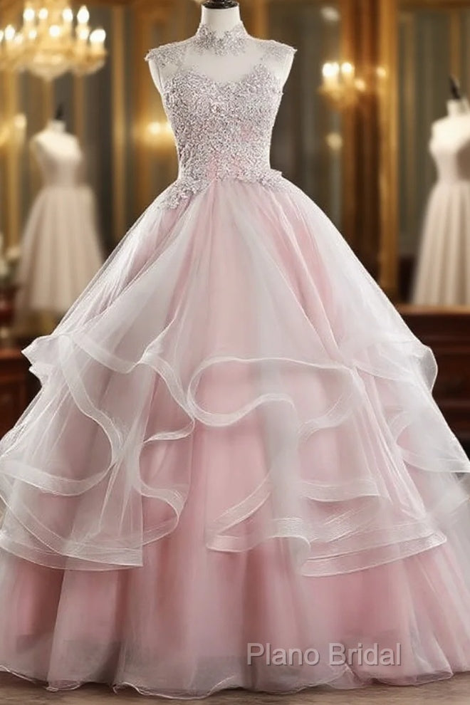 Pink High Neck Tulle Lace Long Formal Prom Dresses, Pink Sweet 16 Gown
