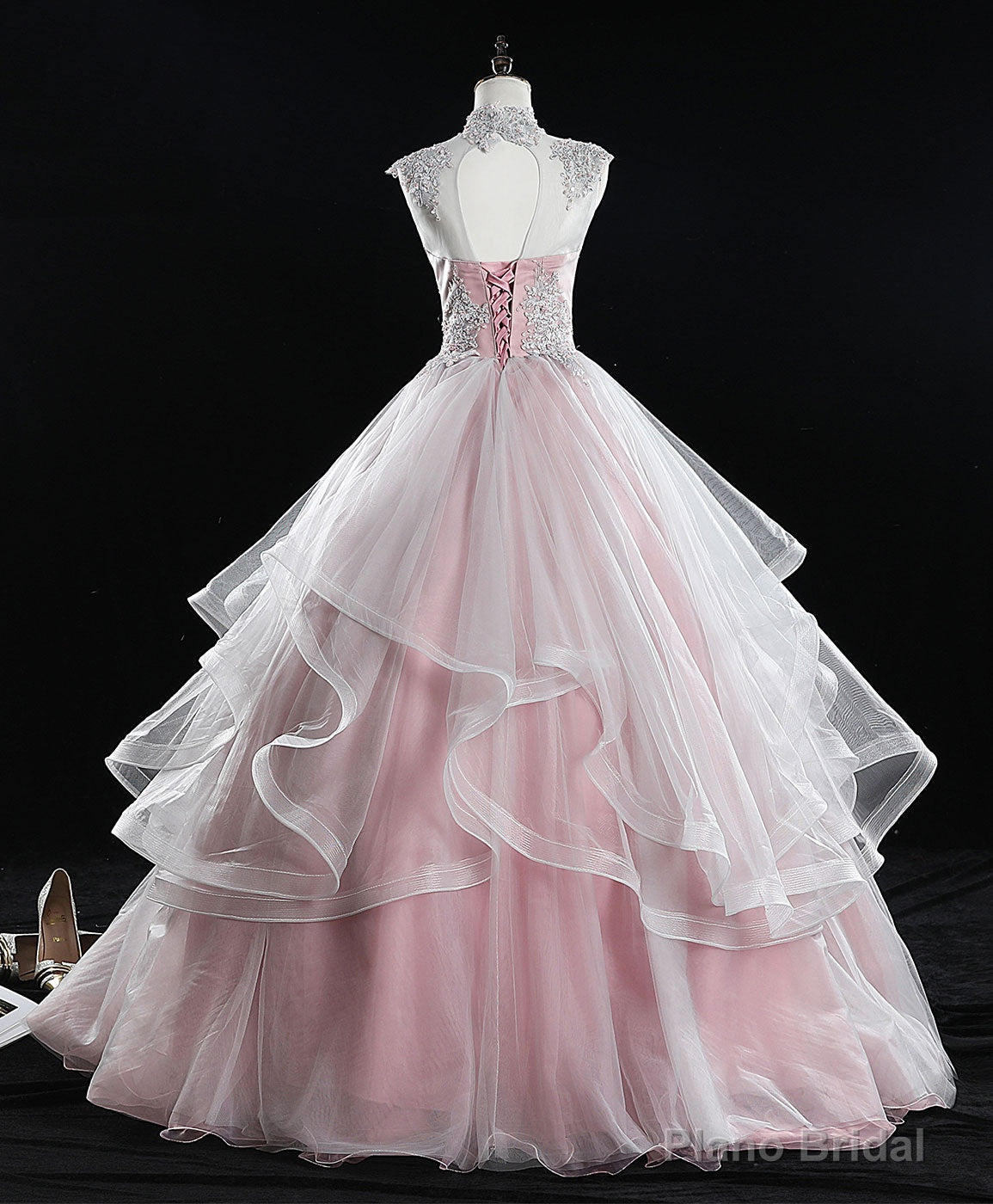 Pink High Neck Tulle Lace Long Sweet 16 Dress Tulle Lace Pink Prom Dress