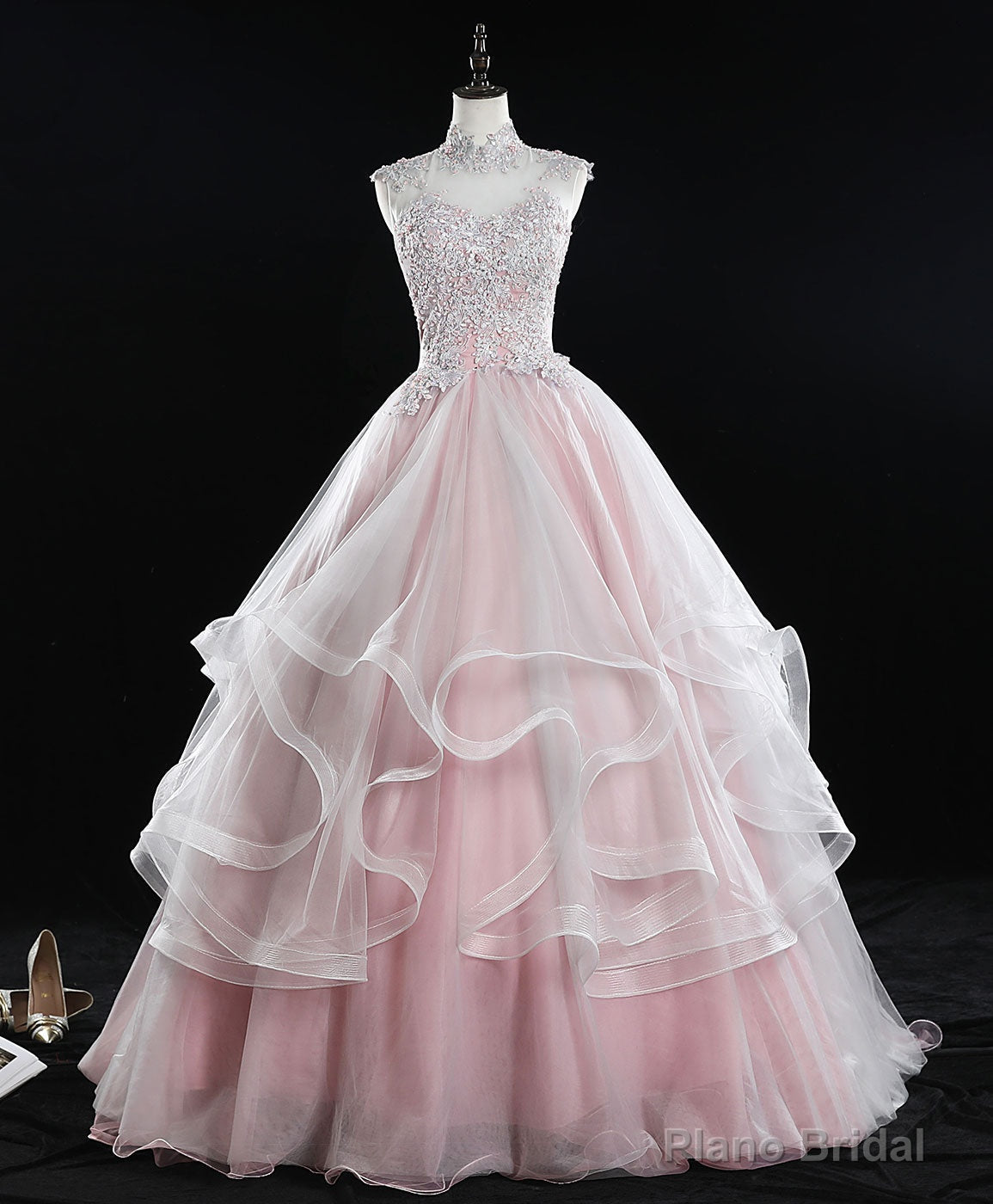 Pink High Neck Tulle Lace Long Sweet 16 Dress Tulle Lace Pink Prom Dress Secondary image