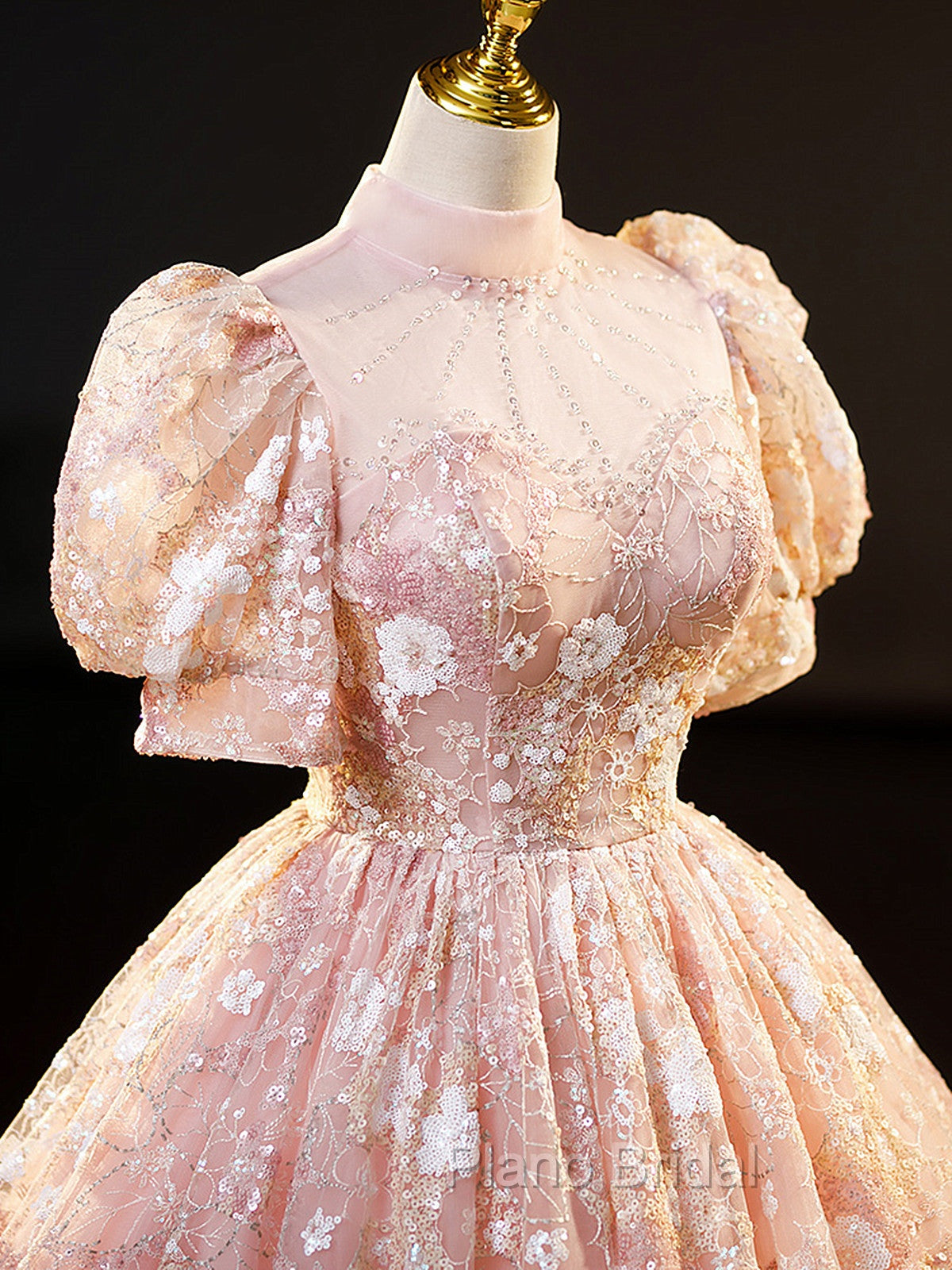 Pink High Neckline Short Sleeves Lace Floral Long Party Dresses, Pink Sweet 16 Dresses