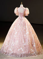 Pink High Neckline Short Sleeves Lace Floral Long Party Dresses, Pink Sweet 16 Dresses