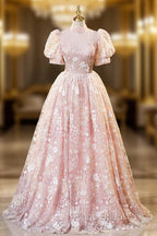 Pink High Neckline Short Sleeves Lace Floral Long Party Dresses, Pink Sweet 16 Dresses