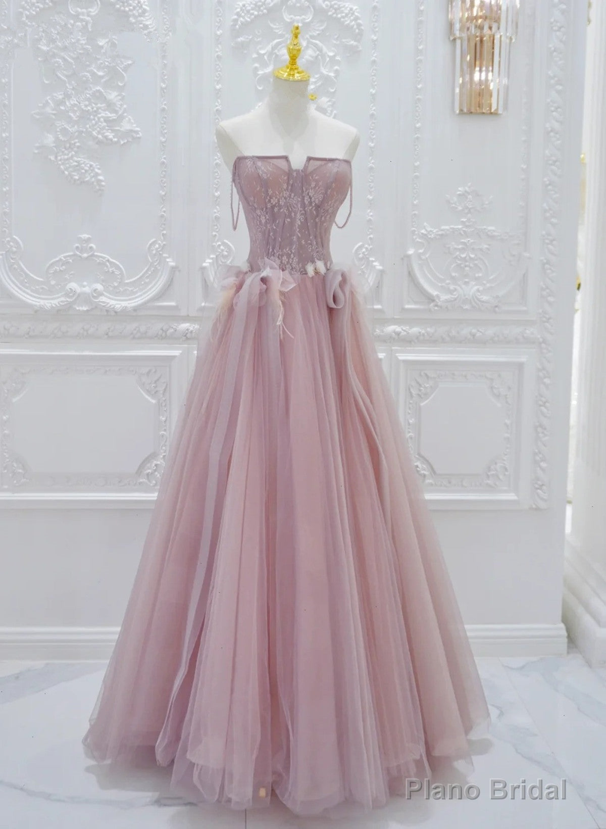 Pink Lace and Tulle A-line Prom Dress with Flowers, Pink Tulle Party Dress Main image