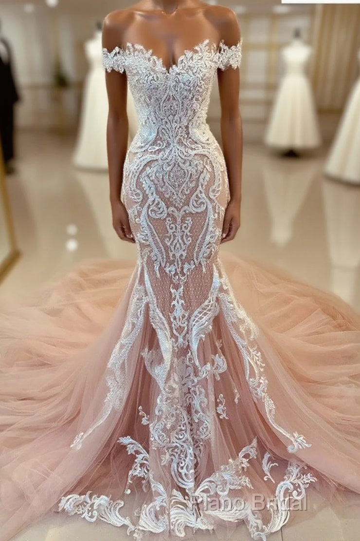 Pink Lace Applique Cap Or Long Sleeves Fishtail/Mermaid Wedding Dresses With Train, Formal Prom Gown Main image