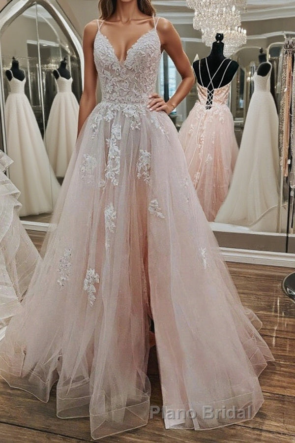 Pink Lace Appliques A Line Open Back Tulle Long Formal Prom Dresses, Pink Lace Formal Graduation Evening Dresses Main image