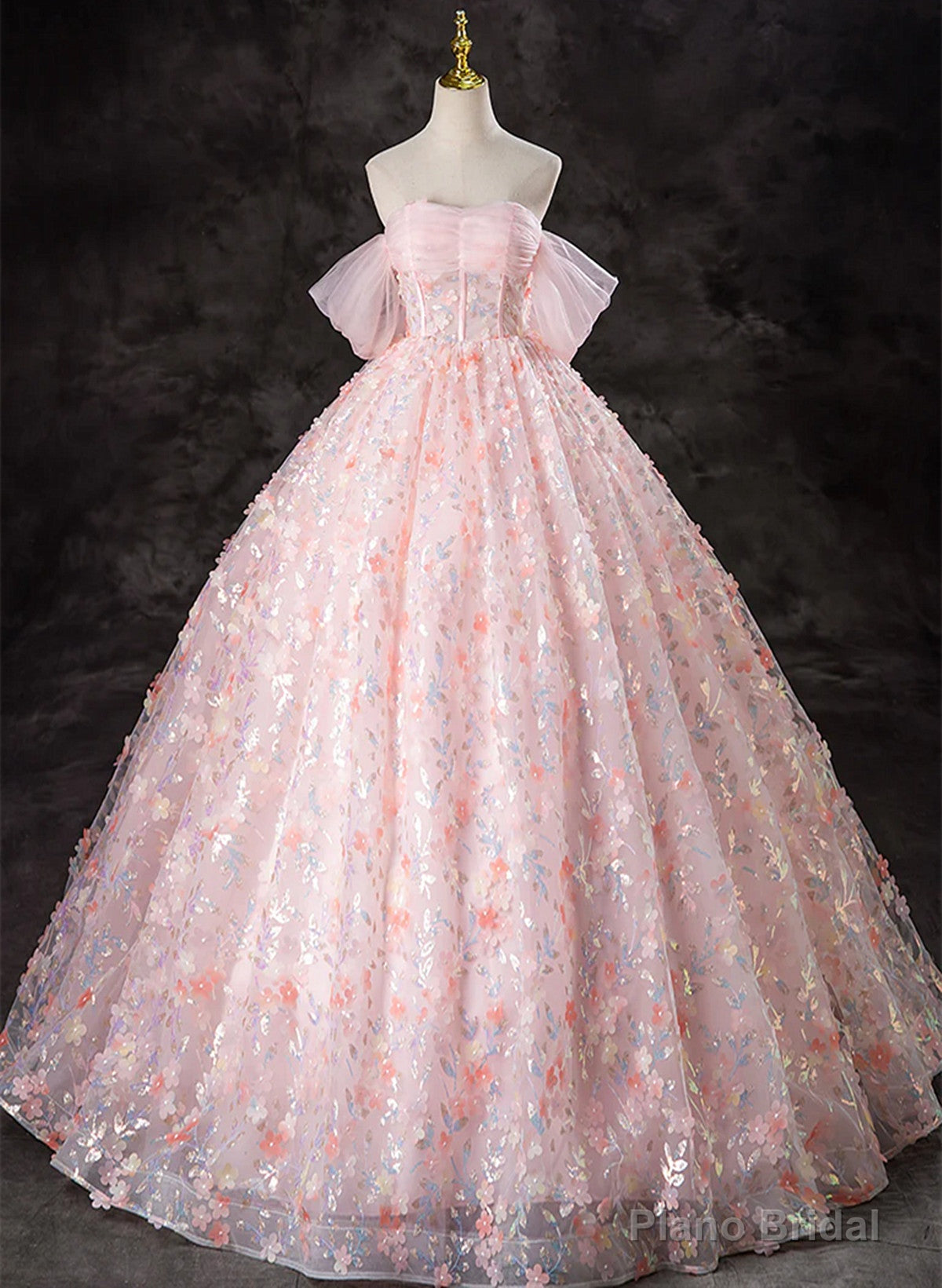 Pink Lace Cute Ball Gown Off Shoulder Sweet 16 Dress, Pink Tulle Prom Dress Main image