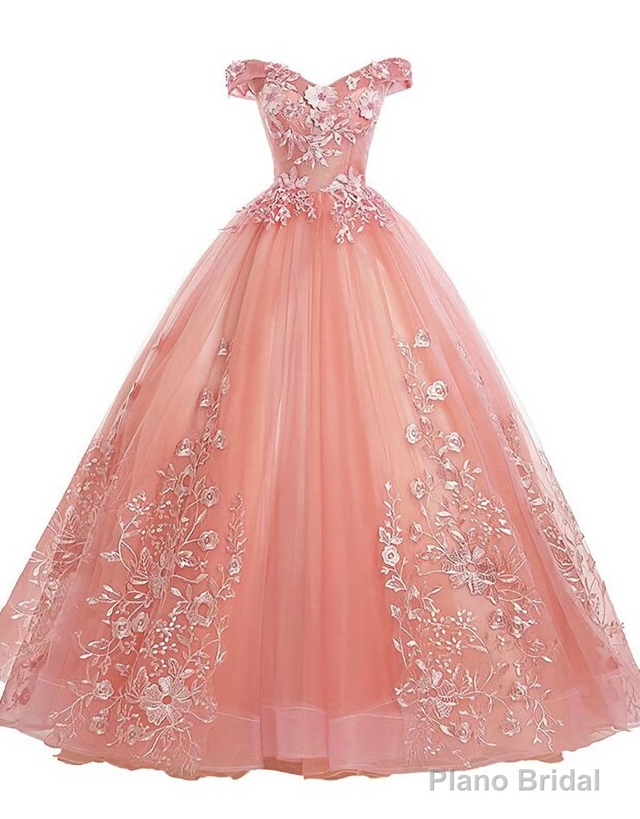 Pink Lace Flower Off Shoulder Sweet 16 Dress, Pink Long Prom Dresses Quinceaner Dress Secondary image